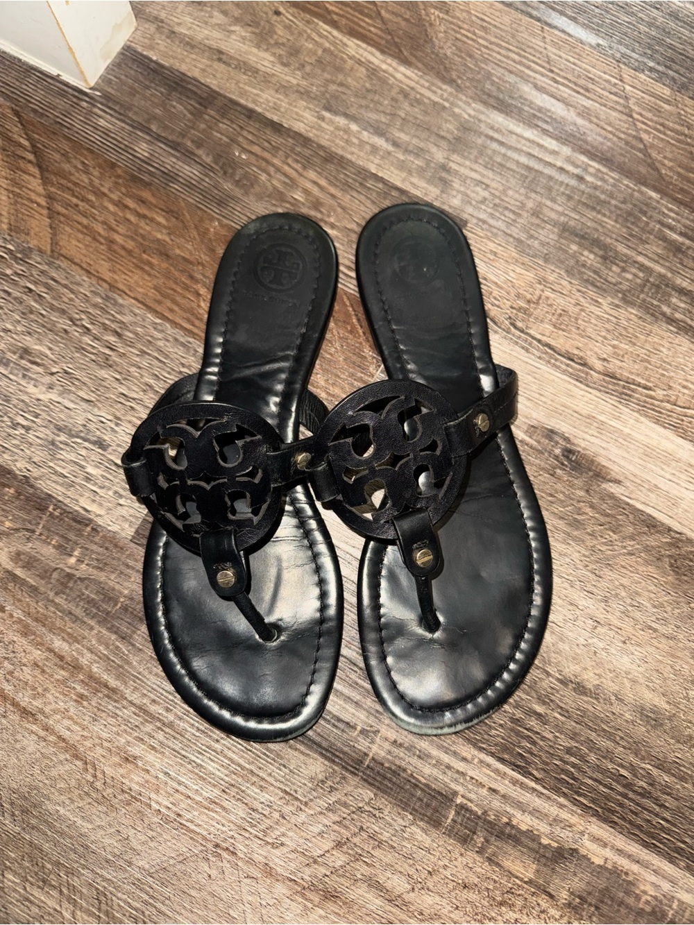 Tory Burch Black Leather Logo Thong Sandals